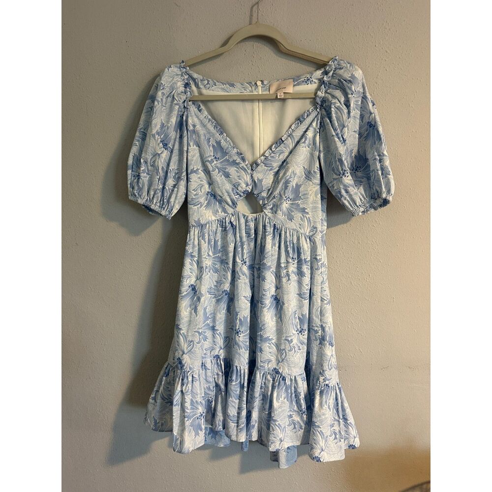 Cinq à Sept Blue Floral Mini Dress Cutout Puff Sleeve Fit & Flare Women's 0 - Picture 9 of 14